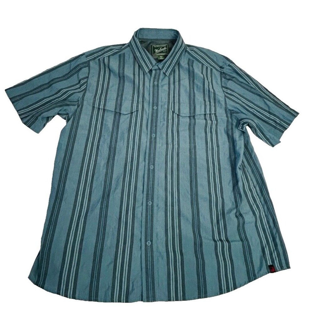 Woolrich Short Sleeve Button Shirt Size XL Hiking Blue Striped‎ Cotton Camping